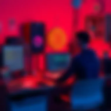 A person setting up a Bitcoin node on a computer at home, surrounded by networking equipment and a laptop.