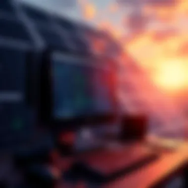 A standard computer setup with mining software running on the screen and solar panels in the background, symbolizing home crypto mining.