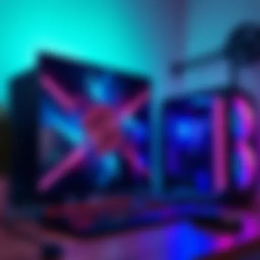 A powerful desktop computer setup designed for validation and gaming, featuring a sleek monitor, keyboard, and tower with LED lighting.