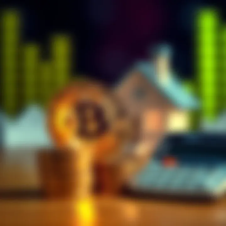 A stack of coins with a Bitcoin logo, alongside a house model and calculator, representing home loan offsets for cryptocurrency investment.