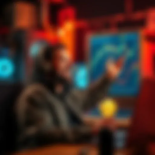 Home miner with Bitcoin winnings A person celebrating a Bitcoin jackpot while looking at a mining machine and a laptop displaying cryptocurrency charts.