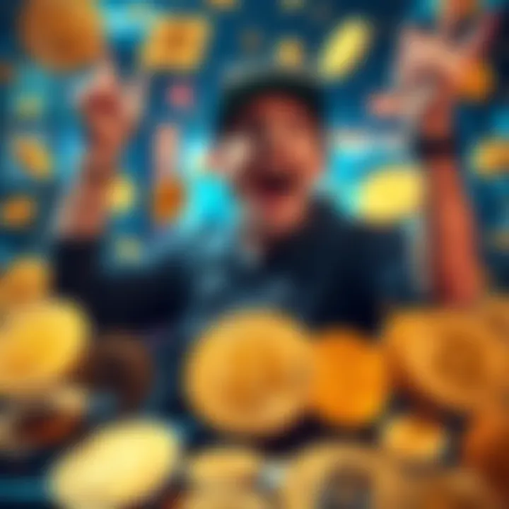 A thrilled miner surrounded by Bitcoin graphics