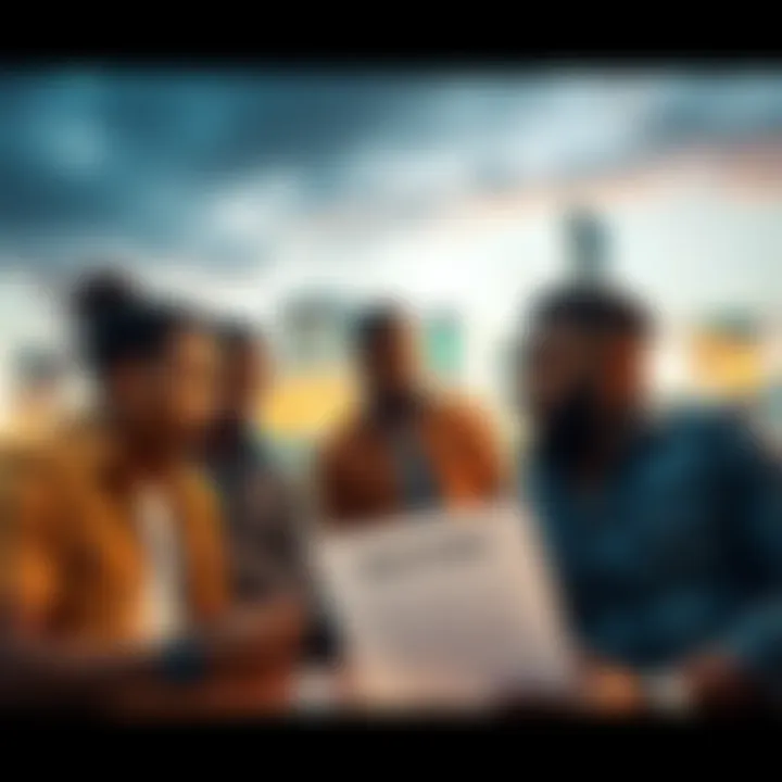 A group of friends engaged in a serious discussion, focused on a document labeled 'Real Order', with a city backdrop.