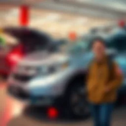 Honda CR-V with unique features A Honda CR-V showcasing its unique maintenance tips and features with a smiling owner beside it