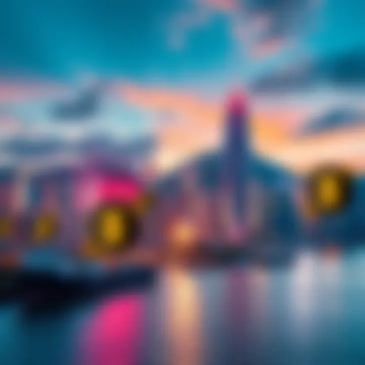 A view of Hong Kong skyline with digital currency symbols representing stablecoins, showcasing the city's ambition to become a financial hub.