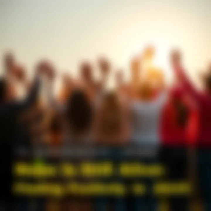 Group of diverse people standing together with their hands raised in hope, sunlight shining behind them.