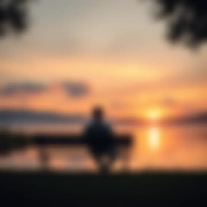 A comforting scene of a person sitting alone on a park bench, looking thoughtfully at a serene lake during sunset, embodying reflection and healing from loss.