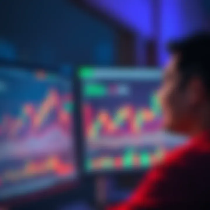 A person gazing at a computer screen displaying cryptocurrency market charts with a hopeful expression