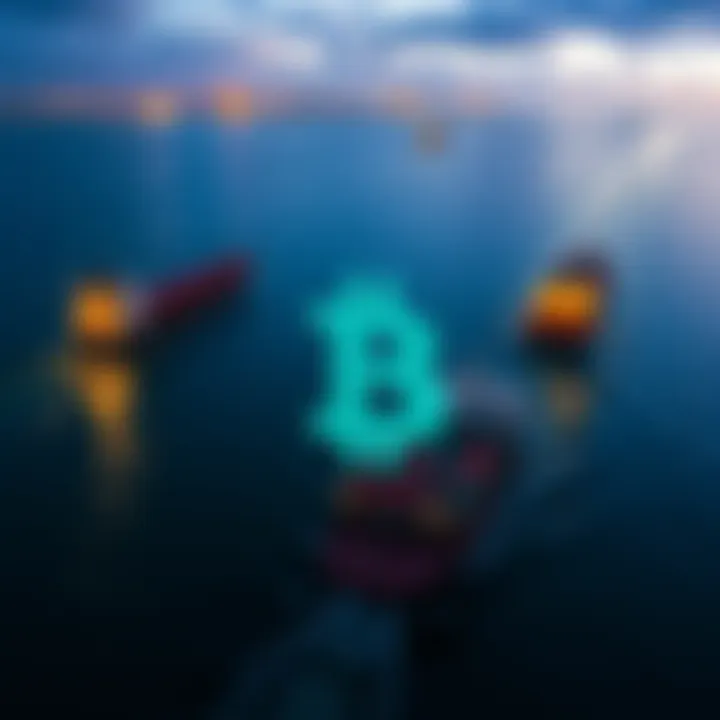 Cargo ships passing through the Hormuz Strait with a digital currency symbol overlay
