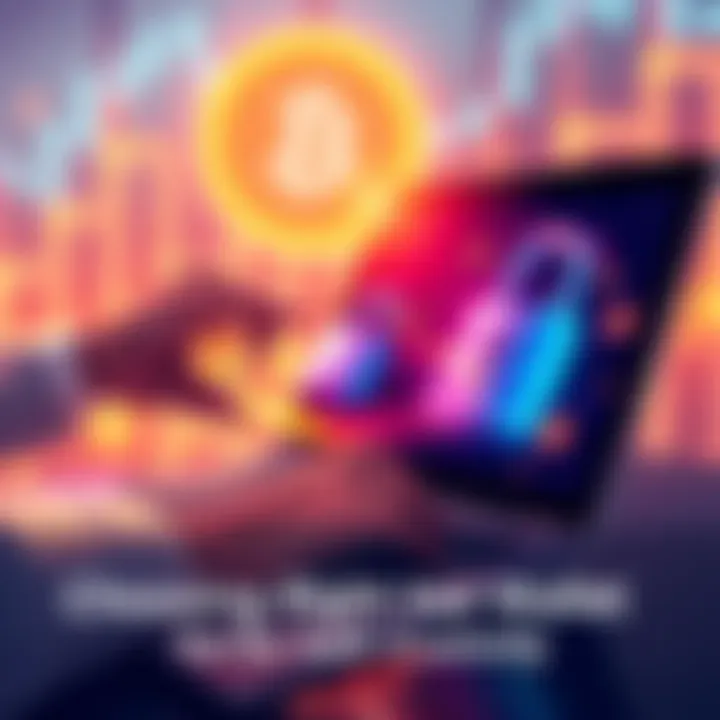 A person transferring cryptocurrency from an exchange to a hot wallet on a laptop, with digital locks symbolizing security.