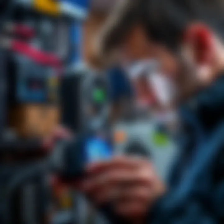 A person looking closely at a small house miner device, considering its features and specifications