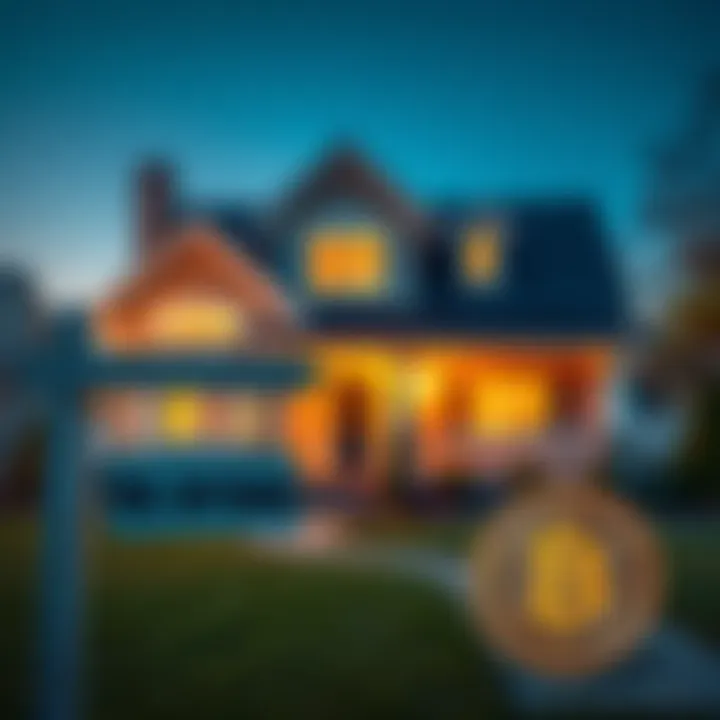 A cozy house with a sold sign in front, and Bitcoin symbol in the foreground, representing financial success and mortgage-free living.