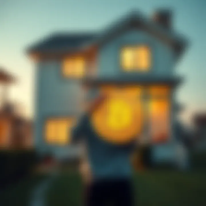 A person standing outside a sold house holding a Bitcoin symbol, representing the trend of selling homes for cryptocurrency in 2026.
