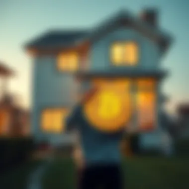House Sold for Bitcoin Investment A person standing outside a sold house holding a Bitcoin symbol, representing the trend of selling homes for cryptocurrency in 2026.