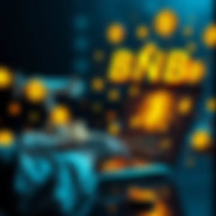 A person using a laptop to buy BNB tokens online, surrounded by digital currency symbols.