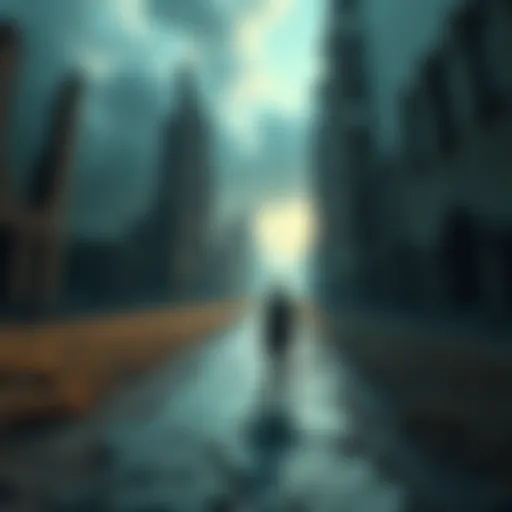 Humanity in Reflection A person standing on a worn path, looking back at crumbling buildings symbolizing societal decline.