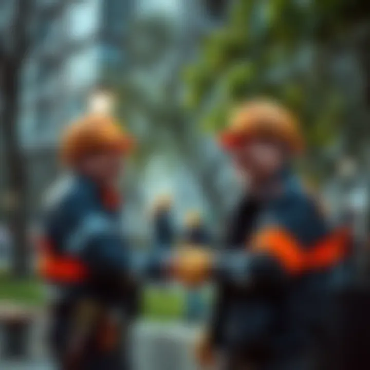 A humorous depiction of miners sharing laughs in a city park