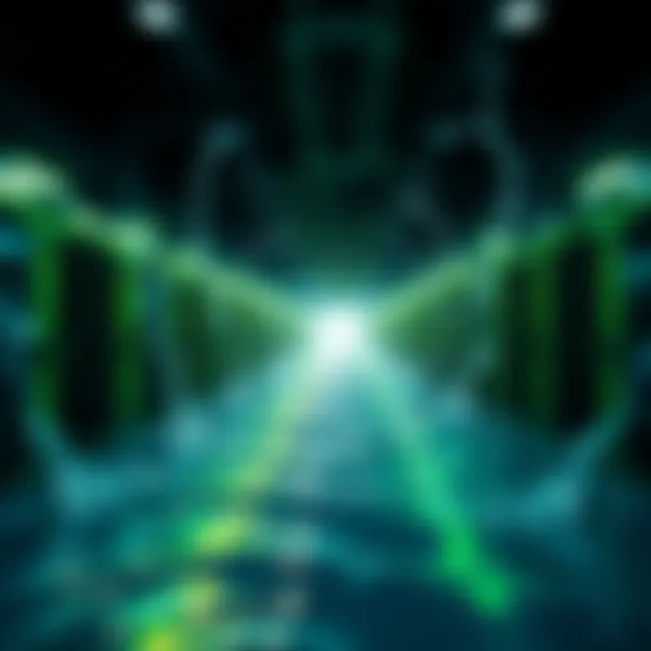 A visually striking representation of hydro cooled cryptocurrency mining sites with green technology and water elements.