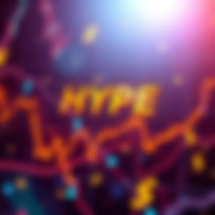 A digital representation of HYPE cryptocurrency experiencing a sudden increase in value, with rising graph lines and dollar signs in the background.