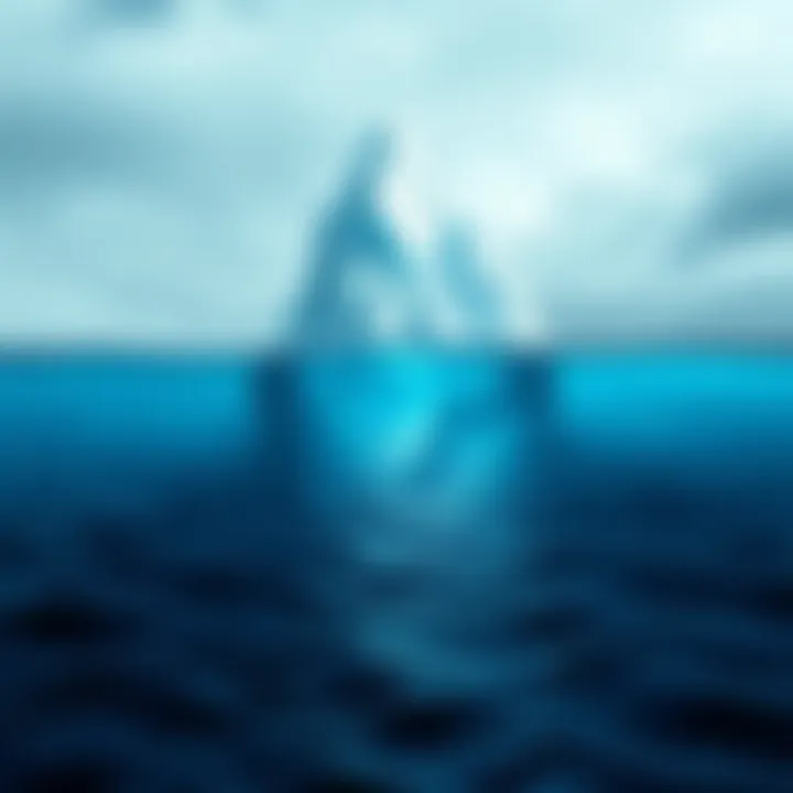 A large iceberg with its tip exposed above the water, symbolizing hidden depths below.