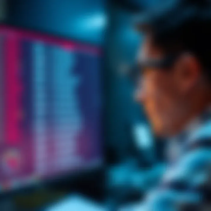 A person looking at a computer screen displaying a list of twelve-word seed combinations for cryptocurrency wallets, with a focused expression while trying to recover funds.