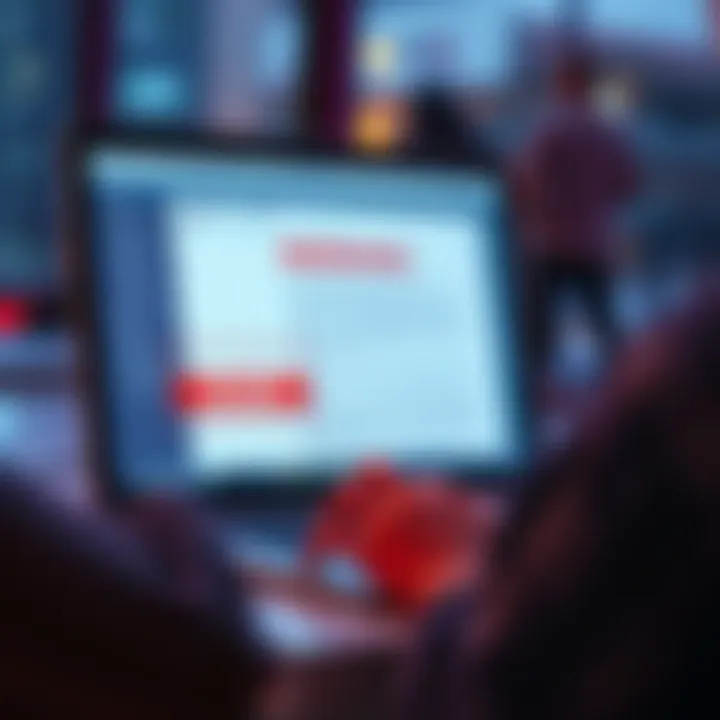 A person checking their email on a laptop, looking for signs of a scam. The screen displays an email with warning signs highlighted.