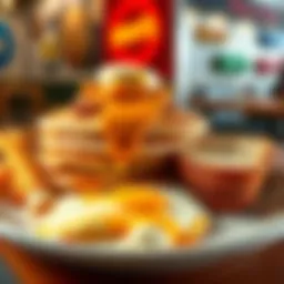 A side-by-side view of an IHOP pancake stack and a DENYS breakfast plate with eggs and toast