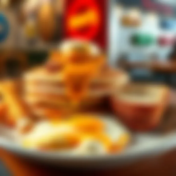 A side-by-side view of an IHOP pancake stack and a DENYS breakfast plate with eggs and toast