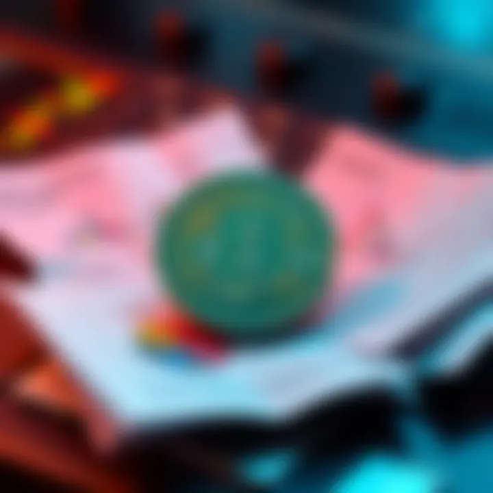 A visual representation of the IMF guidelines featuring a digital currency symbol surrounded by documents and charts highlighting risk management strategies.