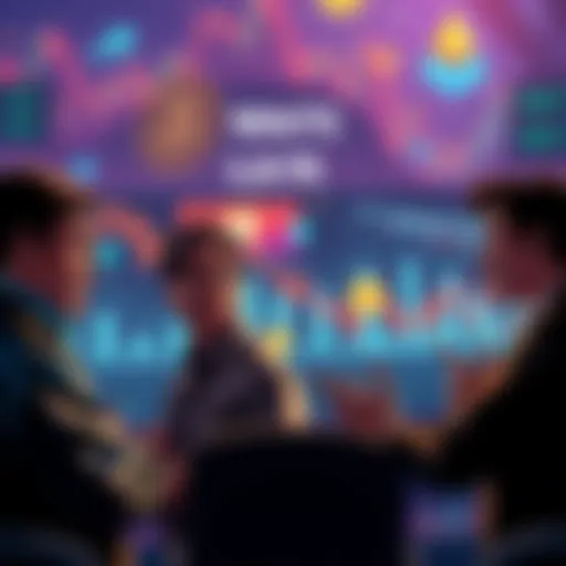 A worried group of people discussing cryptocurrency with graphs and symbols in the background showing a downward trend due to high fees