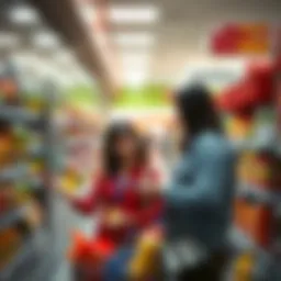 A family struggles with rising prices at a grocery store as they compare prices of basic items, showing the effects of inflation on their budget.