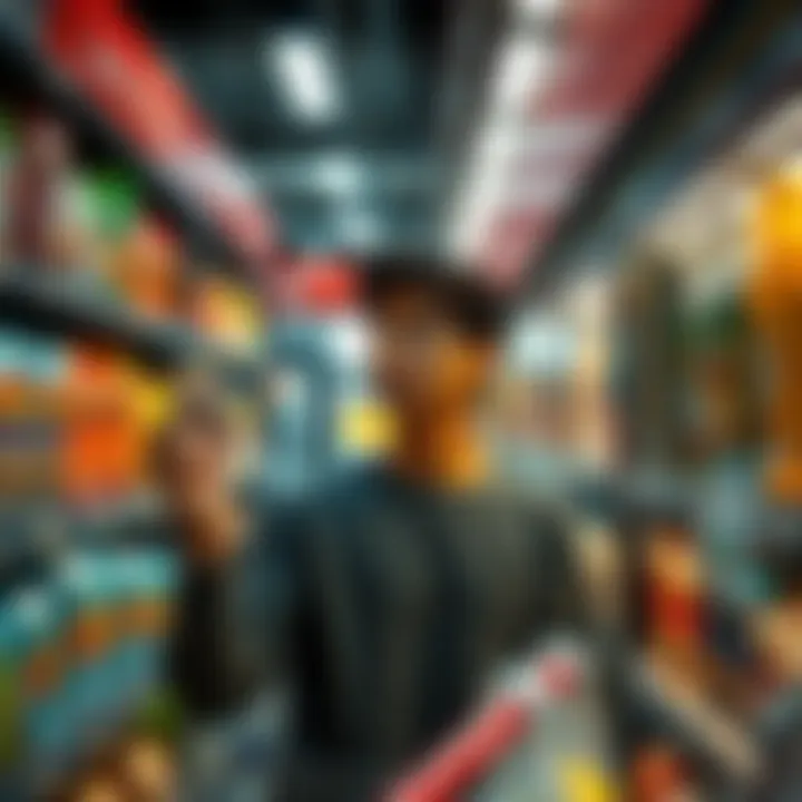 A person examining price tags in a grocery store, feeling concerned about rising costs and their effects on choices.