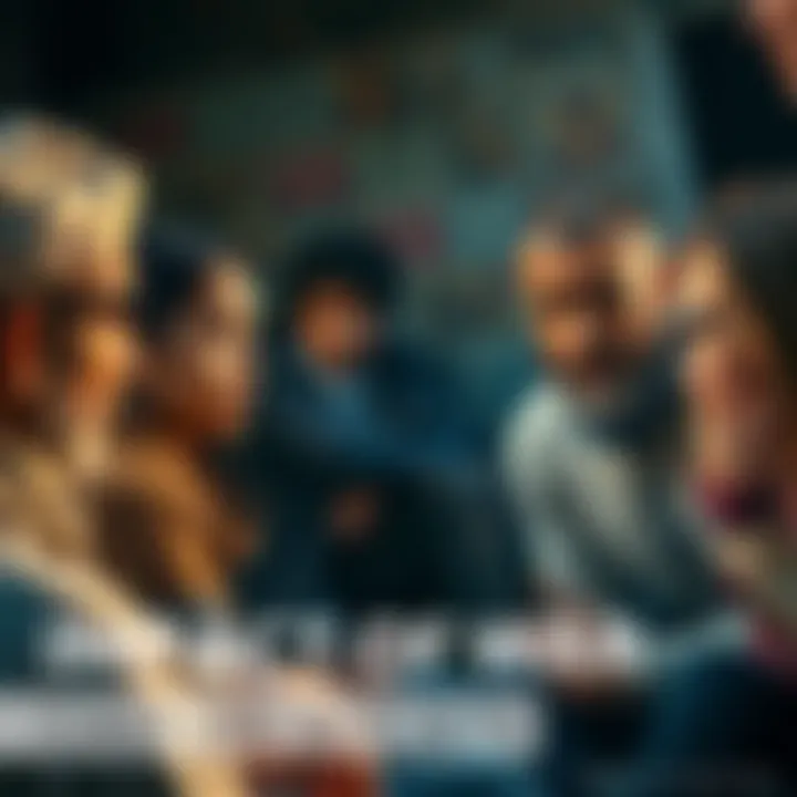 A group of diverse people discussing the effects of war in a community setting, with somber expressions indicating concern and reflection.