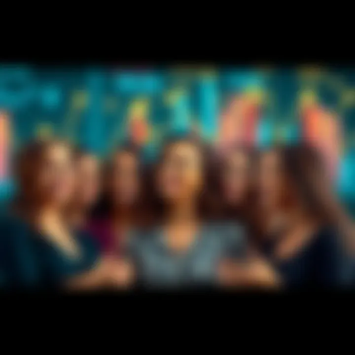 A group of ten diverse women leaders in cryptocurrency, smiling and engaged in discussion, with digital assets graphics in the background.