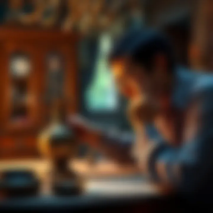 A person examining an antique vase on a table, pondering its value