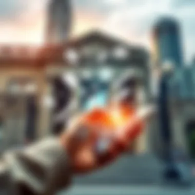 A person using a smartphone to manage finances, surrounded by symbols of technology like apps and digital wallets, against a backdrop of traditional bank buildings.