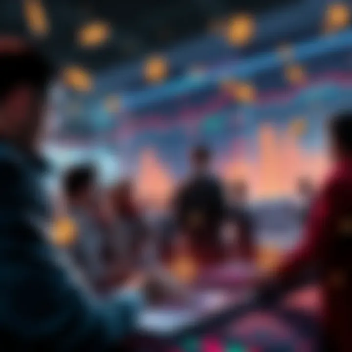 Group of people discussing trading on a digital platform with money symbols in the background
