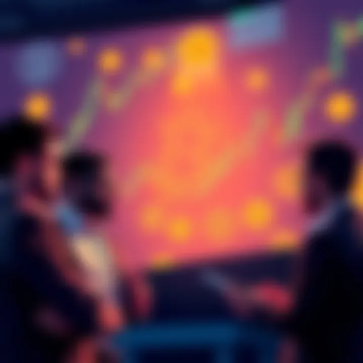 A group of people representing institutional investors analyzing Bitcoin charts and graphs, with Bitcoin logos in the background.