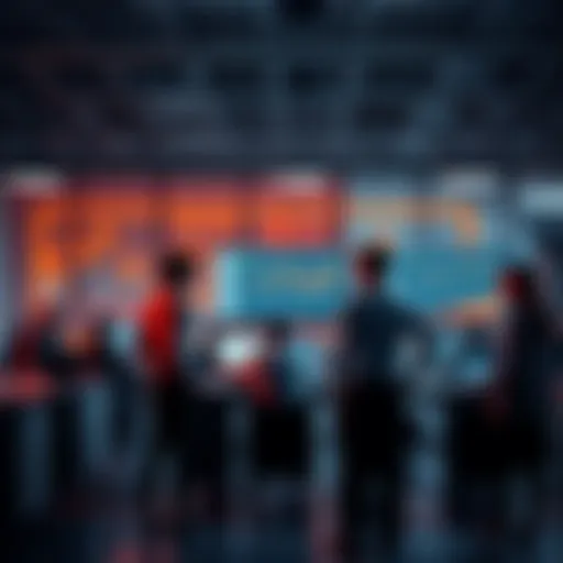 A modern office with professionals discussing technology and data analytics on screens, symbolizing institutional adoption of tech in various sectors.