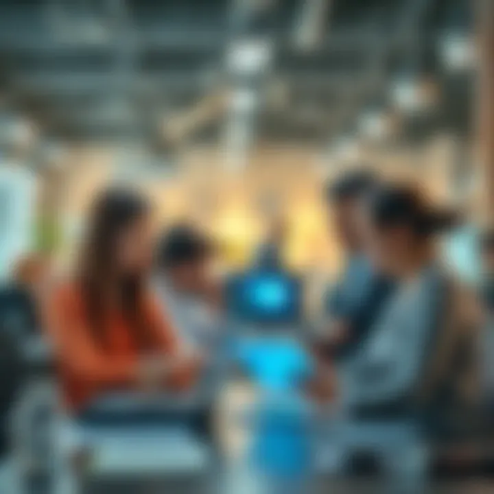A group of professionals discussing finance strategies with digital tools in a modern office setting.