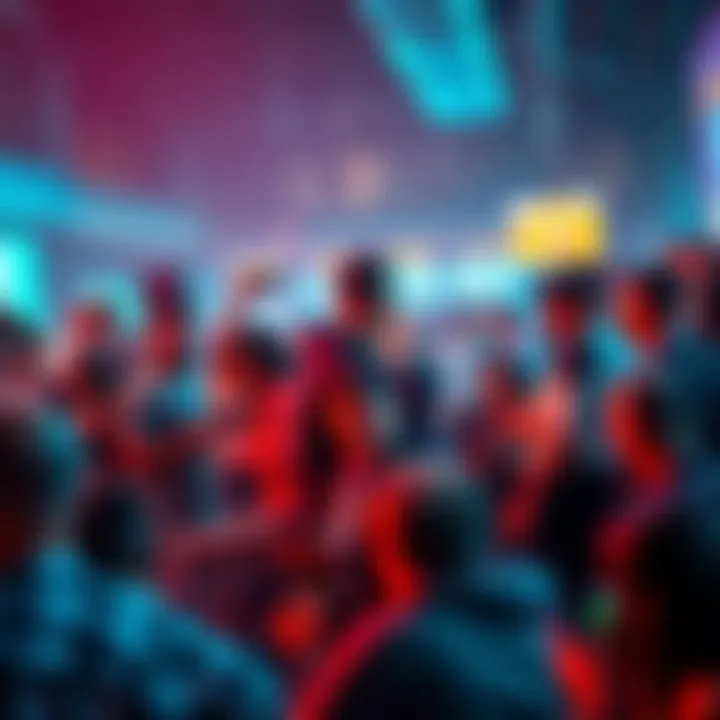 A diverse crowd engaging in a heated discussion about Algo trends. Some use laptops and phones to follow the latest news.