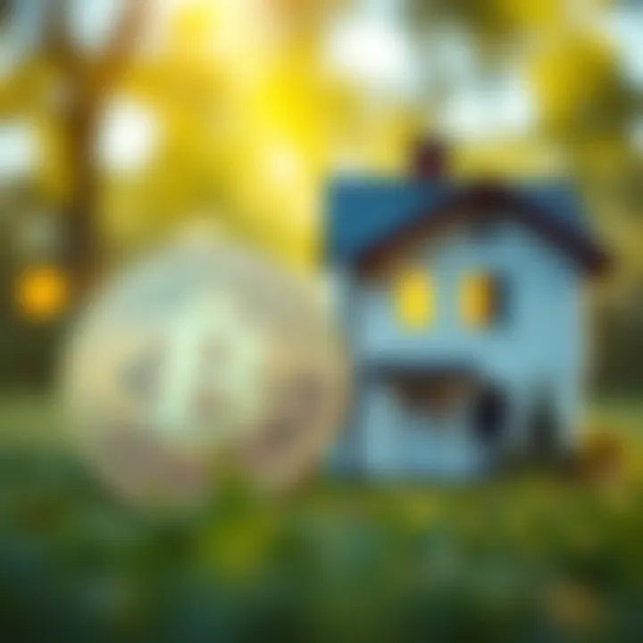 Internet Coin Value vs Home Value A graphic showing an internet coin symbolizing digital currency next to a house, illustrating the comparison of their values.