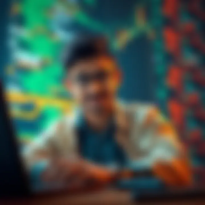Ashwin Sudhakar, a Computer Science student, searching for paid internships in blockchain and software development, using a laptop with coding symbols around him.