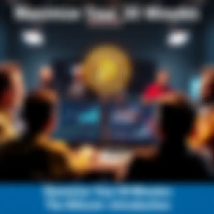 A person explaining Bitcoin on a laptop with graphs and charts displayed, while a group listens attentively.