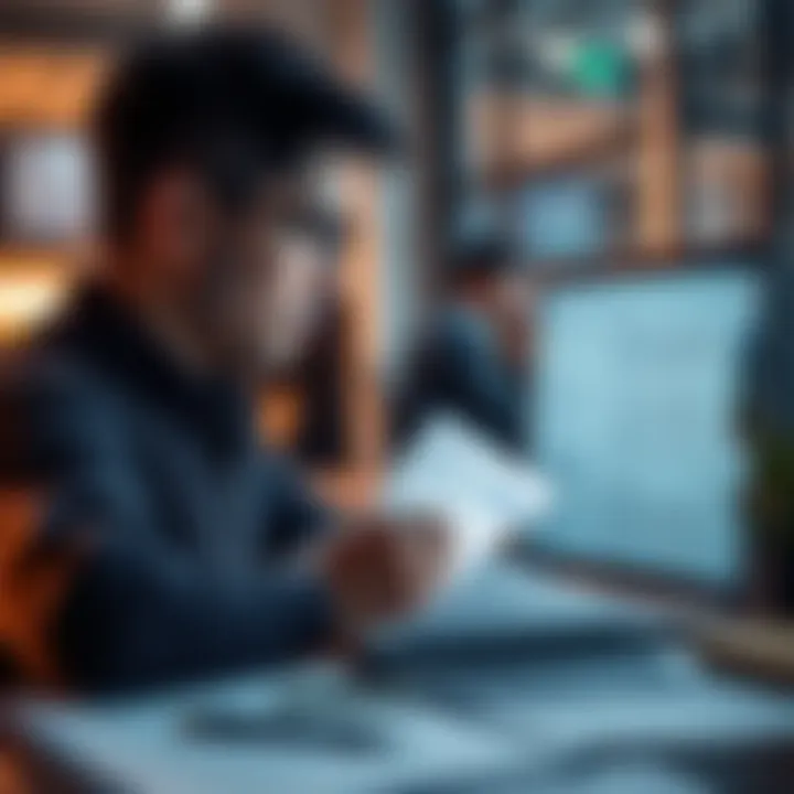 A person examining documents and a laptop with claims on the screen, looking thoughtful.