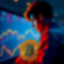 Investing in Bitcoin A person considers their investment in Bitcoin, looking at a chart showing trends, with a Bitcoin symbol in the foreground.
