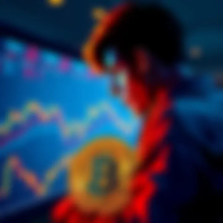 Investing in Bitcoin A person considers their investment in Bitcoin, looking at a chart showing trends, with a Bitcoin symbol in the foreground.