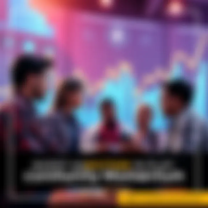 A group of people discussing cryptocurrency investments, with charts and graphs showing upward trends in the background.