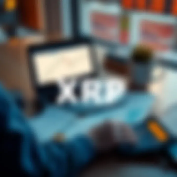 A person analyzing XRP charts on a laptop with financial documents and a calculator on the table