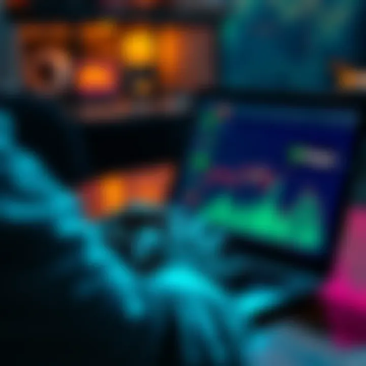 A person analyzing digital currency trends on a laptop with graphs and Kaspa logo visible on the screen.